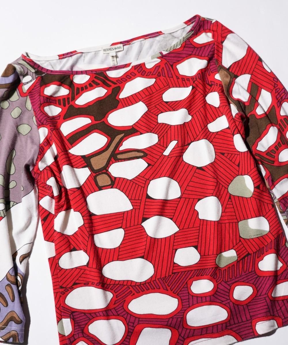 OLD / HERMES WOMEN'S RED/BROWN ALL-OVER PRINT TEE SHIRT-MARTIN MARGIELA ERA