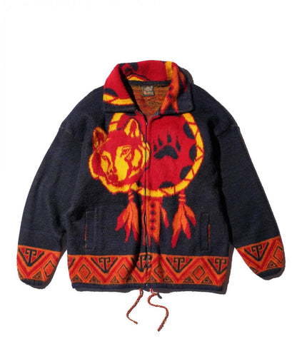 OLD / 1990'S MADE IN ECUADOR "WOLF & DREAMCATCHER" WOOL ZIP-UP SWEATER