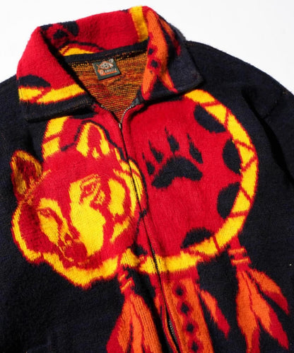 OLD / 1990'S MADE IN ECUADOR "WOLF & DREAMCATCHER" WOOL ZIP-UP SWEATER