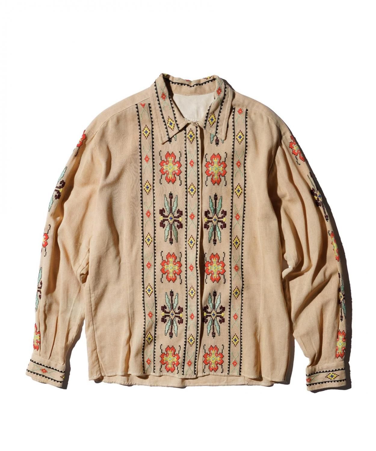 VINTAGE / 1960's- EMBROIDERED HIDDEN PLACKET OPEN COLLAR SHIRT