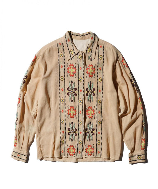 VINTAGE / 1960's- EMBROIDERED HIDDEN PLACKET OPEN COLLAR SHIRT