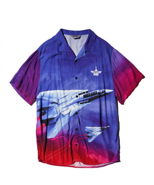 OLD / SHOE PALACE X TOP GUN FIGHTERTOWN RAYON ALLOVER PRINT OPEN COLLAR SHIRT