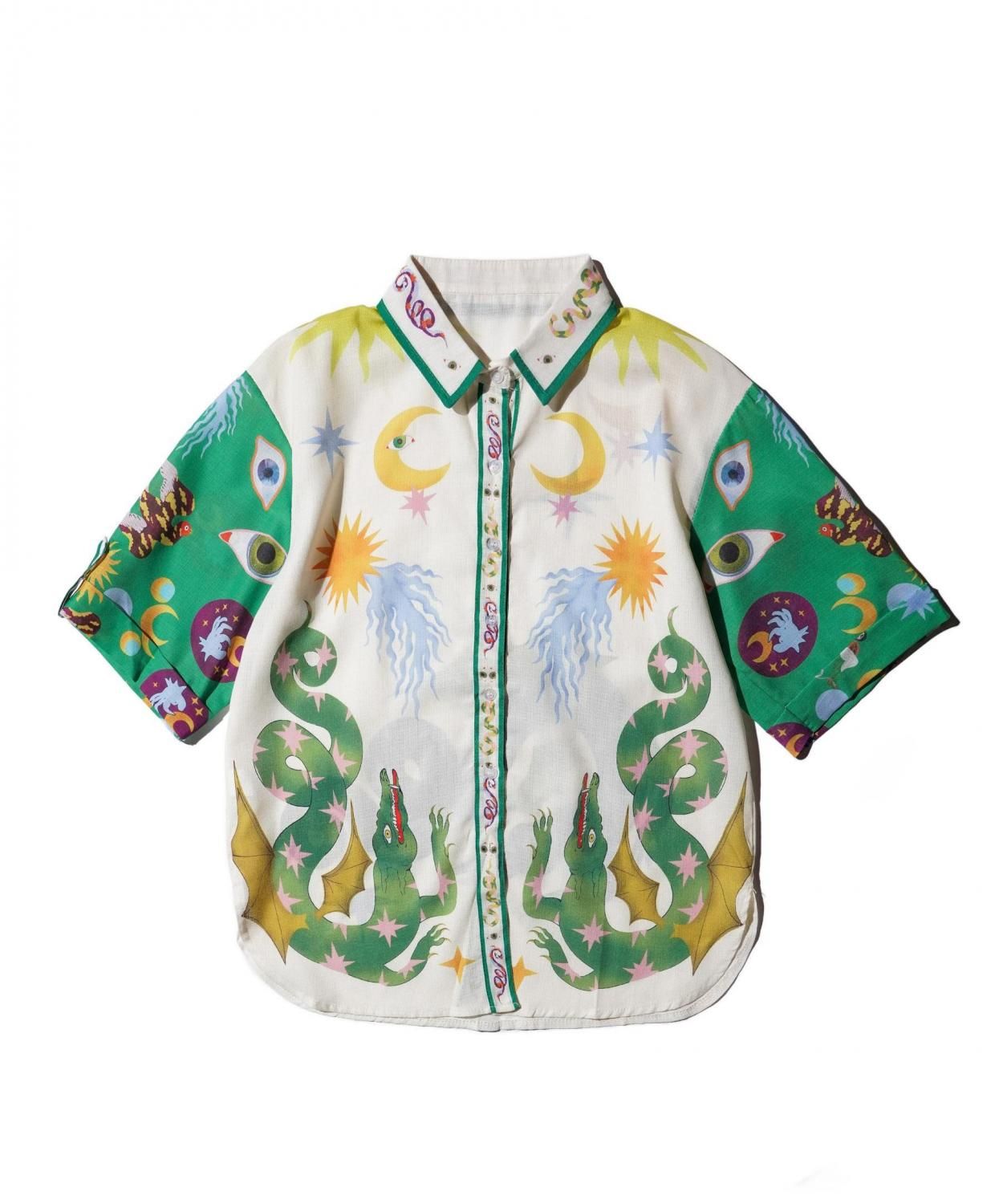 OLD / ABSTRACT PATTERN LINEN BLEND OPEN COLLAR SHIRT (HIPPIE STYLE)