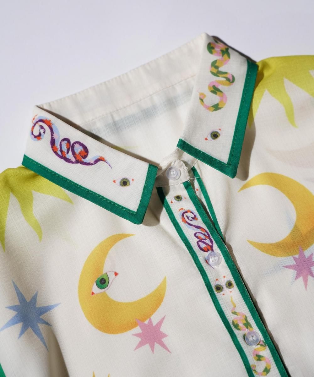 OLD / ABSTRACT PATTERN LINEN BLEND OPEN COLLAR SHIRT (HIPPIE STYLE)