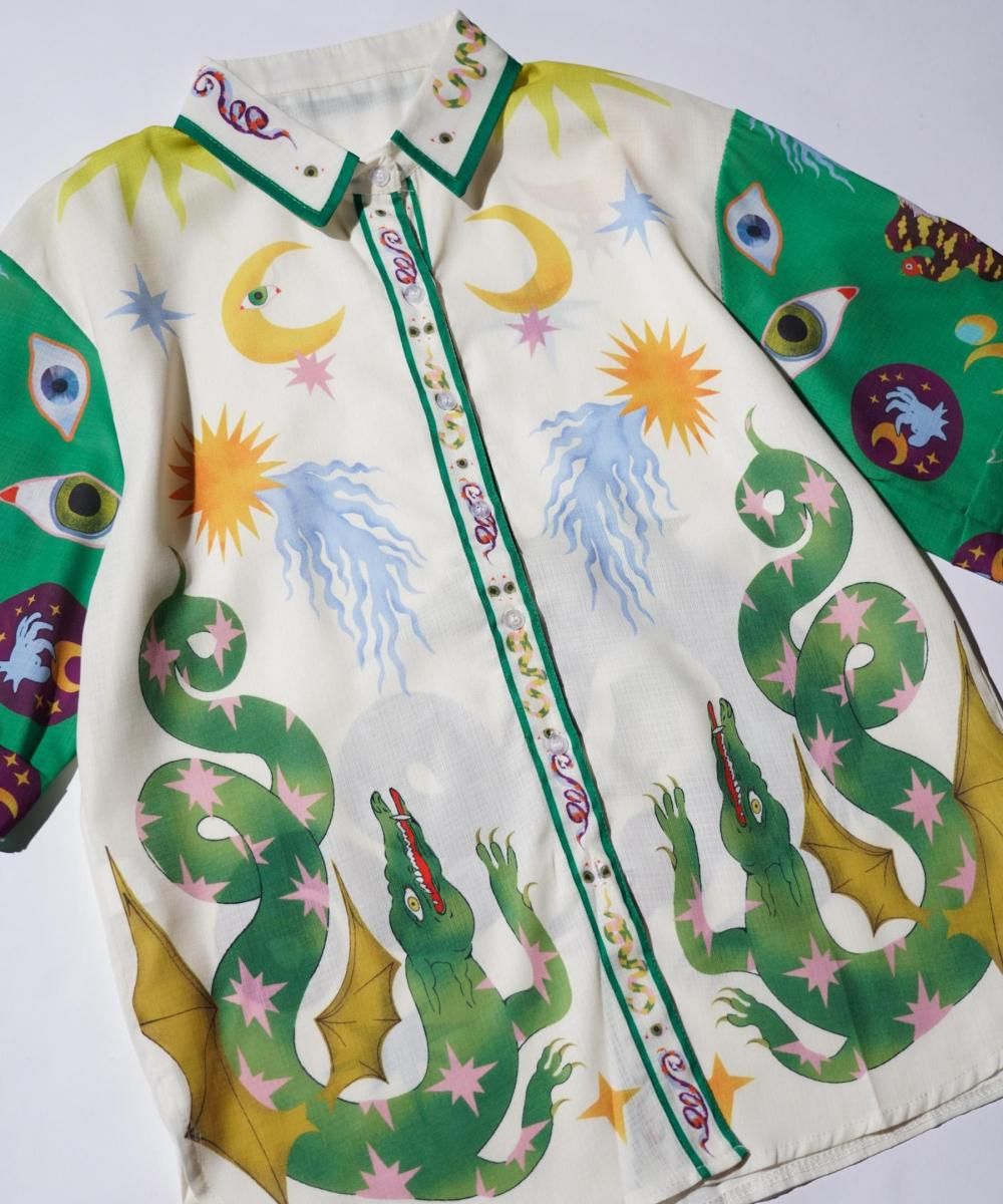 OLD / ABSTRACT PATTERN LINEN BLEND OPEN COLLAR SHIRT (HIPPIE STYLE)